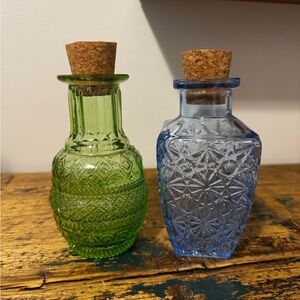 Set of Two Decorative Glass Bottles with Cork Stoppers - Green & Blue
